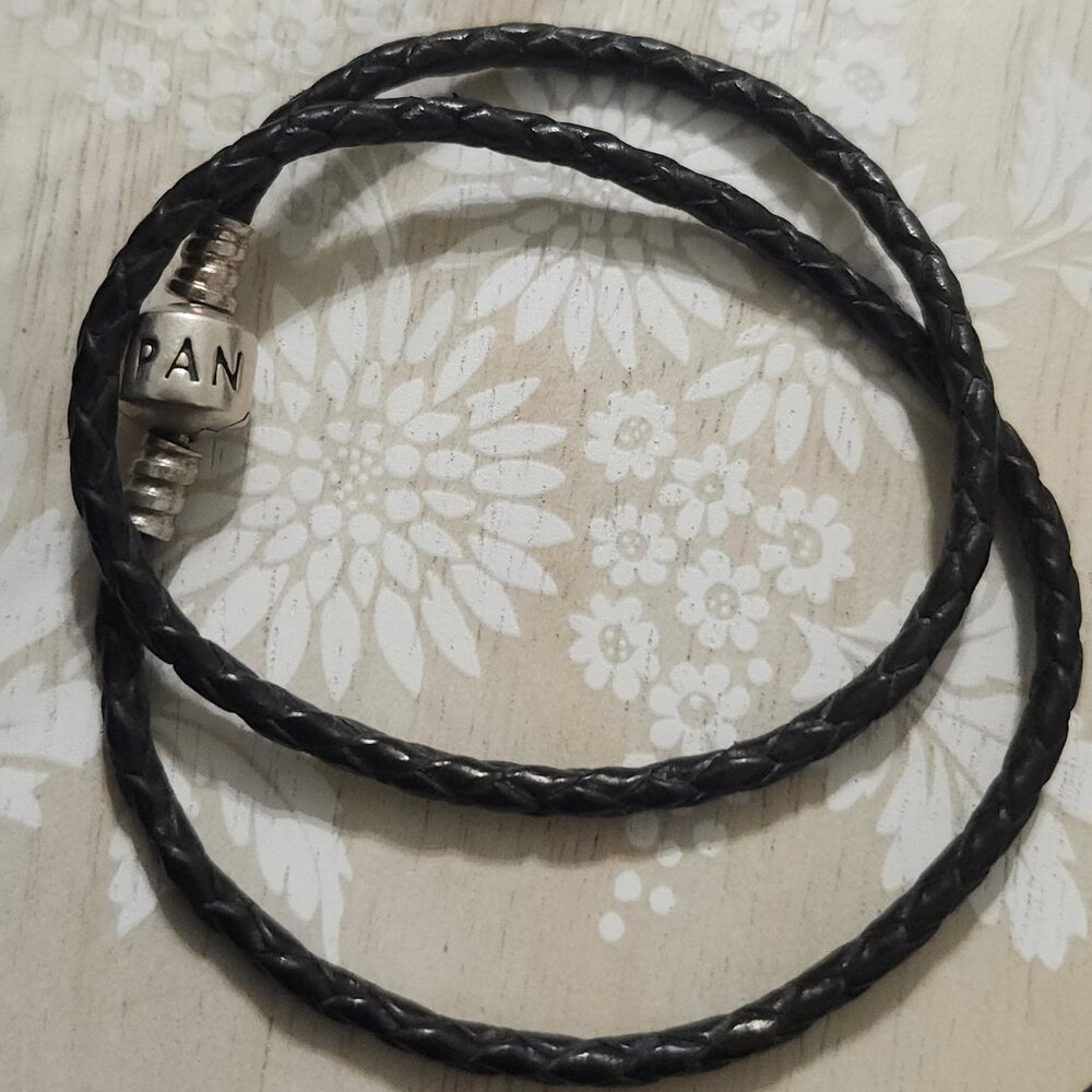 Pandora Sterling Silver Black Leather Double Wrap Charm Bracelet